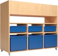 A birch shelf on castors with an open top shelf above six deep blue plastic trays, three shallow and three deep.
