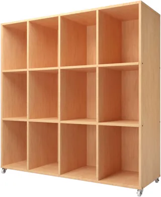 A birch shelf on castors divided into twelve equal open cubes, three rows of four.