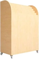 A tall narrow birch cart on castors, plain on the front, with a stepped comb of slots along the top edge for charts to stand in.