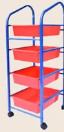 A blue tubular steel trolley on castors carrying four red plastic baskets.
