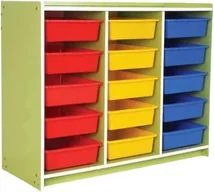 A lime green shelf unit holding fifteen plastic trays in three columns, red on the left, yellow in the middle, blue on the right, five deep in each.