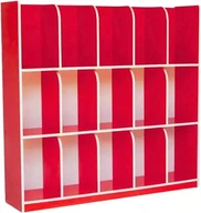 A red unit with six tall coat spaces along the top and two rows of open compartments below, the dividers curving forward.