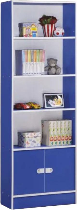 A tall narrow blue and white bookcase, five open shelves above a pair of blue cupboard doors, styled for the photograph with books, boxes, a picture frame, toy cars and a teddy bear.