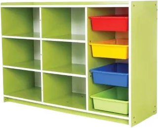 A lime green shelf of six open cubes with a column of four plastic trays down the right, red, yellow, blue and pale green from the top.