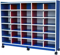 A wide blue and white unit on castors divided into thirty small open pigeon holes, six across and five down.