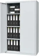 A full height grey steel cupboard, one door open on four shelves of lever arch files.
