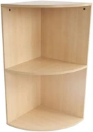 A quarter-circle birch corner unit with one shelf across the middle, open on the two curved sides.