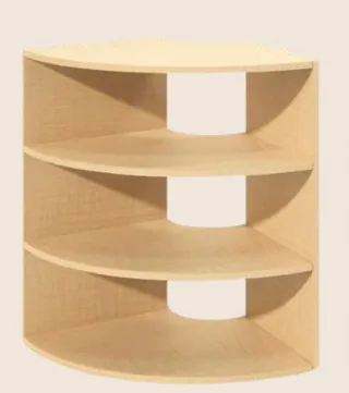 A three level curved corner shelf in pale plywood, open on the curved face.
