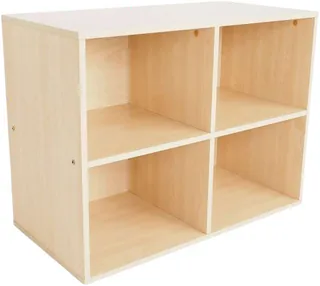 A low birch unit with a solid top, divided into four open compartments, two across and two down.