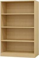 A waist-height plain birch bookcase with three fixed shelves and no doors.