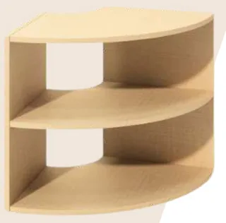 A curved birch shelf with two open tiers, the front bowed outward and both ends open.