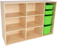 A birch shelf of six open cubes with a column of four green plastic trays down the right-hand side, two shallow above two deep.