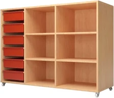 A birch shelf of six open cubes with a column of six shallow red plastic trays down the left-hand side.