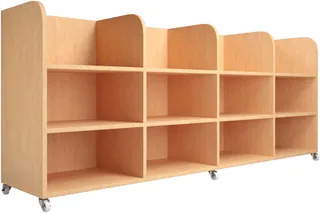 A long low birch unit on castors, its back rising into five curved fins, divided into ten open compartments in two rows.