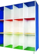 A shelf on castors divided into twelve equal open cubes, the sides blue and the backs blue, red, yellow and green.