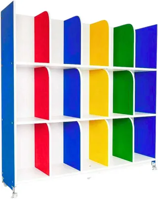 A white unit of nine open compartments with a coloured door leaf beside each one, red, blue, yellow, green and blue repeating across the three rows.