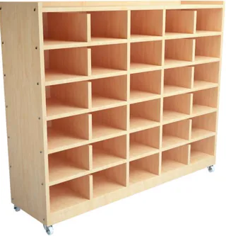 A tall birch rack on castors divided into twenty-four small open pigeon holes, four across and six down.