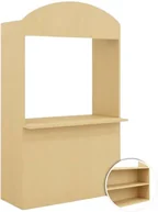 A birch shop-front stand with an arched top and a wide serving hatch cut through it, a counter shelf across the opening, and a small circular inset photograph at the corner showing the two shelves on its back.