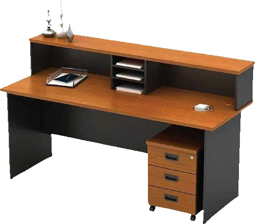A reception desk with a cherry top over dark grey panels, a raised counter with pigeon holes, and a three drawer pedestal beside it.
