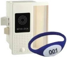 A cream electronic cabinet lock with a dark reader panel reading RFID LOCK, shown beside a dark blue wristband tag numbered 001.