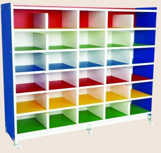 A wide unit on castors with blue sides and eighteen open pigeon holes, three across and six down, each row a different colour.