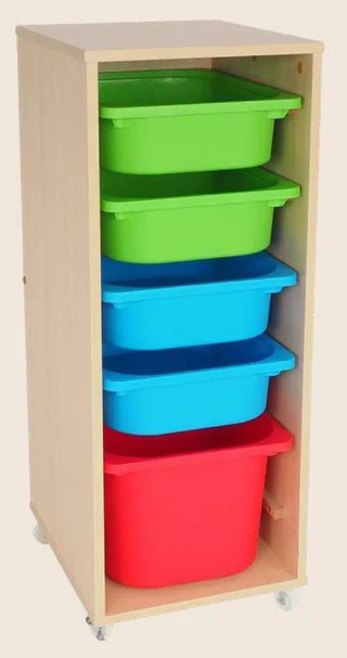 A single birch column on castors holding two green and two blue shallow trays above one deep red tray.