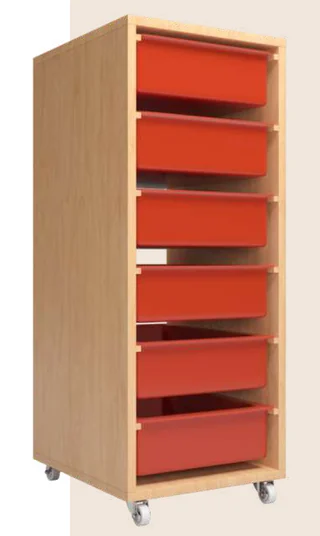 A single birch column on castors holding six red plastic trays, one above another.