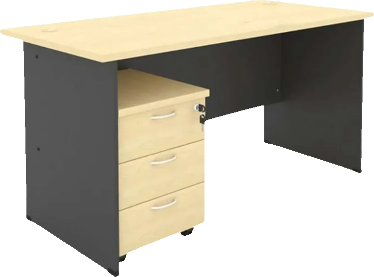 An office desk with a maple top and dark grey side panels, with a three drawer maple pedestal under it.