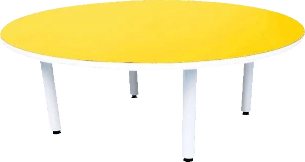 A round table with a yellow top and four white round legs.