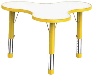 A three lobed white table on yellow adjustable legs.