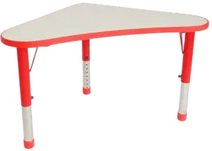An arrow shaped white table on red adjustable legs.