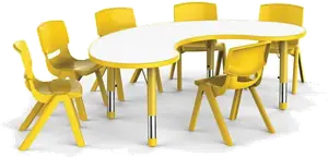 A kidney shaped white table on yellow adjustable legs, photographed with six yellow chairs that are not part of it.