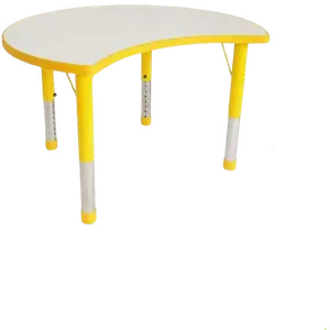 A crescent shaped white table on yellow adjustable legs.