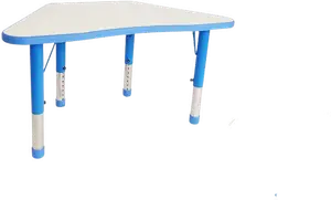 A trapezoid white table on blue adjustable legs.