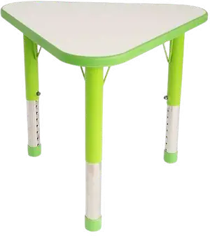 A rounded triangular white table on green adjustable legs.