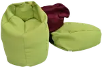 Three bean bags, in green, dark red and olive.
