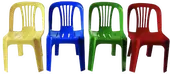 Four stacking plastic chairs with slatted backs, in yellow, blue, green and red.