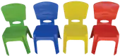 Four moulded plastic children's chairs, in green, blue, yellow and red.