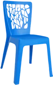 A blue plastic chair with a cut out patterned back.