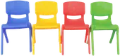 Four children's chairs, in blue, yellow, red and green.