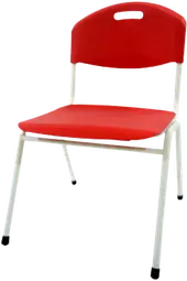 A red chair on a white metal frame.