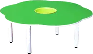 A flower shaped table with a green top and a round yellow well at its centre.