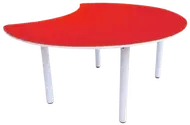 A crescent shaped table with a red top and pale grey legs.