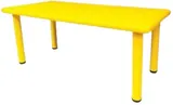 A rectangular yellow plastic table on four round yellow legs.