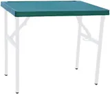 A square teal-topped table on white folding metal legs.