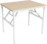 A maple-topped desk on white folding metal legs.