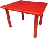 A square red plastic table on four round red legs.