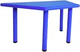 A blue plastic table with a moulded top on four round blue legs.