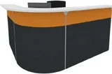A curved reception counter with a white top, an orange front band and a dark grey base.