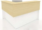 An L-shaped reception counter with a maple top and surround over a white base.